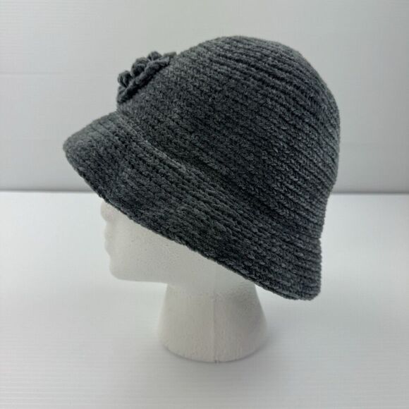 August T Gray Chenille Cloche Bucket Hat Flower Accent Winter Warm Soft Acrylic - Picture 3 of 10